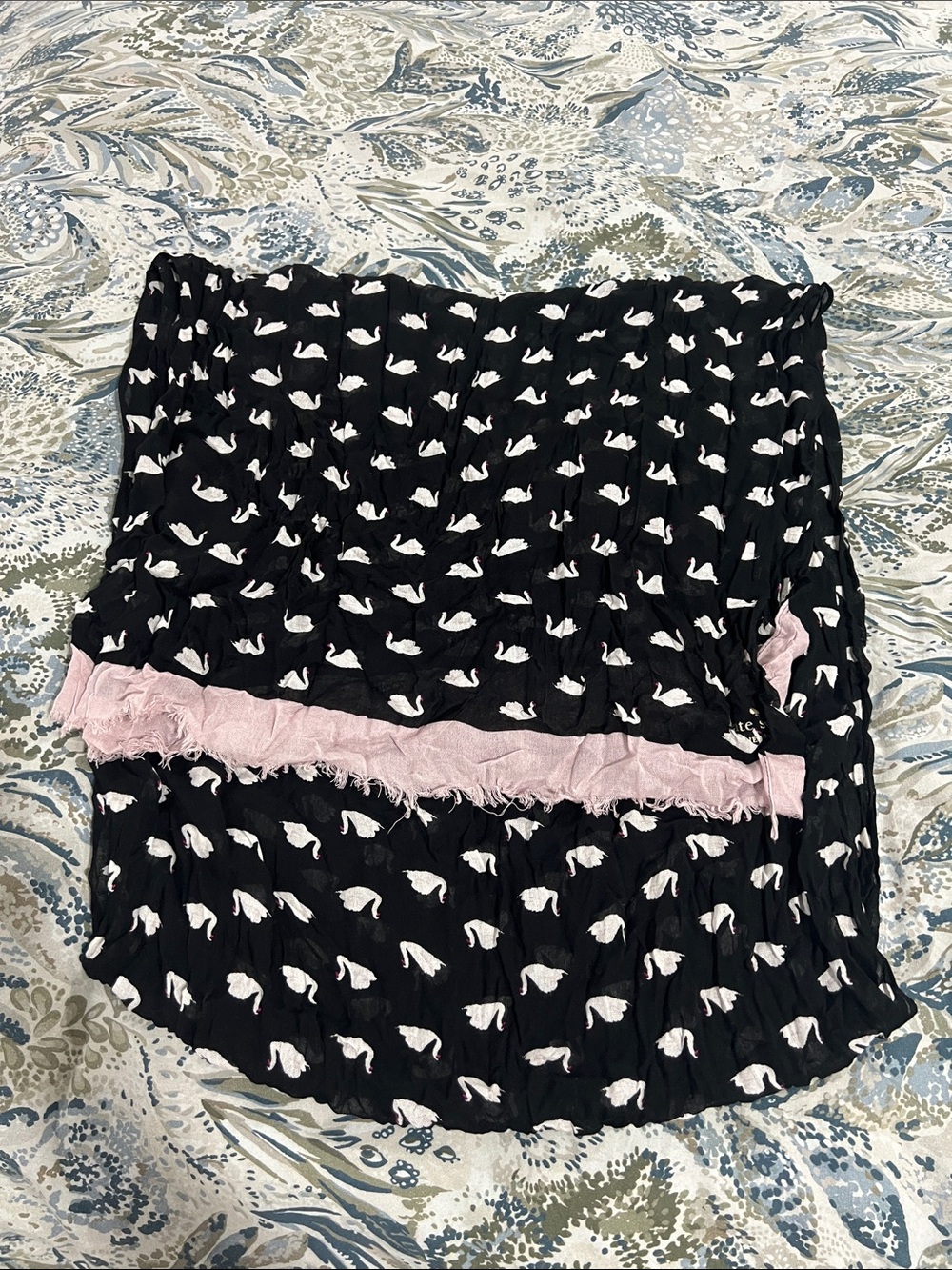 kate spade Black Scarf with White Swan Print and Pink Band